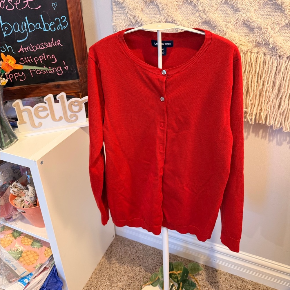 LandsEnd Women’s Classic Red Button-Front Sweater Cardigan Med 10/12 NWOT - Picture 2 of 3